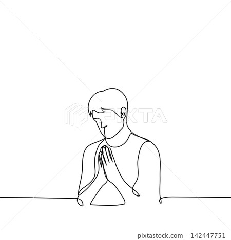 man put his palms together in supplication - one line drawing vector. the concept of praying or making a wish man put his palms together in supplication - one line drawing vector. the concept of praying or making a wish 142447751