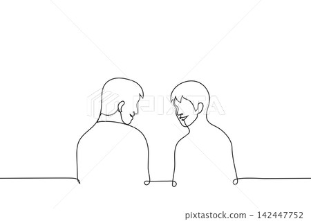 two men stand close to each other and smile - one line drawing vector. concept friendly conversation, laugh together, funny joke two men stand close to each other and smile - one line drawing vector. concept friendly conversation, laugh together, funny joke 142447752