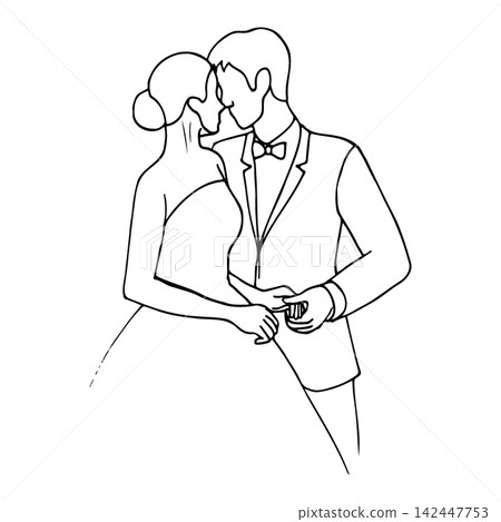 bride and groom stand next to each other touching their noses, the man holds his beloved's hand bride and groom stand next to each other touching their noses, the man holds his beloved's hand 142447753