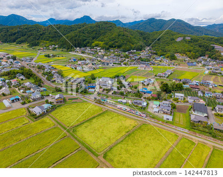 [Drone Aerial Photography] Shioda Plain in Ueda City, Nagano Prefecture - Harvest Season [Nagano Prefecture] 142447813