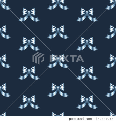 A seamless pattern of blue ribbon bows. A hand drawn watercolor illustration. Against a dark background. Ideal for textiles, tablecloths and curtains, wrapping paper, wallpaper, and much more. A seamless pattern of blue ribbon bows. A hand drawn watercolor illustration. Against a dark background. Ideal for textiles, tablecloths and curtains, wrapping paper, wallpaper, and much more. 142447952