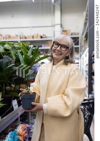 Senior woman shopping for a potted plant, looking happy and content Senior woman shopping for a potted plant, looking happy and content 142448247