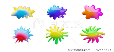 A set of 3D bright rainbow gradient blobs of various shapes, with sharp and curving edges. A set of 3D bright rainbow gradient blobs of various shapes, with sharp and curving edges. 142448573
