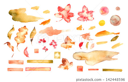 Watercolor autumn leaves and a set of abstract paint materials including rough lines, circles, and squares. Watercolor autumn leaves and a set of abstract paint materials including rough lines, circles, and squares. 142448596