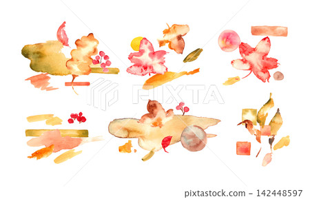 Watercolor autumn leaves and a set of abstract paint materials including rough lines, circles, and squares. Watercolor autumn leaves and a set of abstract paint materials including rough lines, circles, and squares. 142448597
