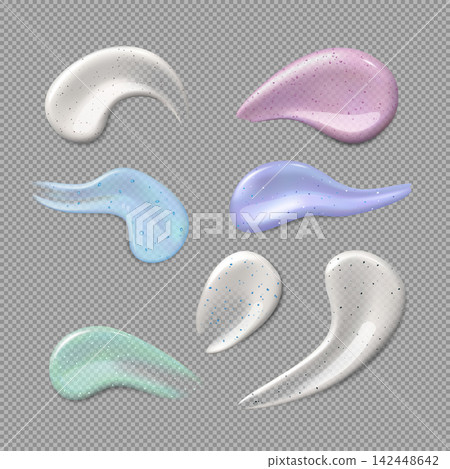 Realistic cream swatches different colors, 3D vector scrub particles texture, cosmetic peeling serum skin care product Realistic cream swatches different colors, 3D vector scrub particles texture, cosmetic peeling serum skin care product 142448642