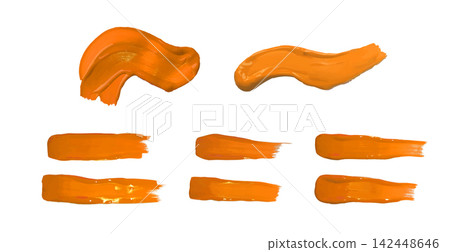 Orange paint brush strokes, realistic horizontal oil or acrylic paint stripe, textured dye artistic 3d design vector set Orange paint brush strokes, realistic horizontal oil or acrylic paint stripe, textured dye artistic 3d design vector set 142448646
