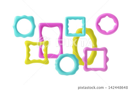Inflated 3D rectangle, square and round forms frames with different wavy borders Y2K design, vector volume composition 142448648