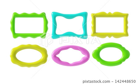 Inflated 3D rectangle and oval frames different wavy forms and colors Y2K design vector set, volume horizontal borders 142448650