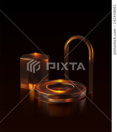 3D glass brown podium stands different shapes, realistic vector composition of hexagon prism, ring plate, arch pedestals 142448661