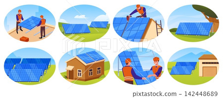 Solar panels on rural landscape, solar farms vector set isolated in round frame, sustainable renewable energy sources Solar panels on rural landscape, solar farms vector set isolated in round frame, sustainable renewable energy sources 142448689