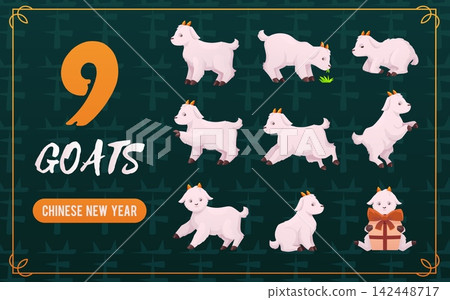 Cartoon goat chinese new year element set with number nine Cartoon goat chinese new year element set with number nine 142448717