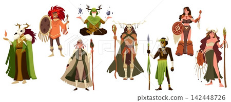 Stylized shaman tribal warrior element set vector illustration Stylized shaman tribal warrior element set vector illustration 142448726