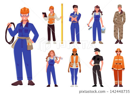 Woman workers different professions wear uniform, firefighter, policeman, repairman, military, electrician vector set Woman workers different professions wear uniform, firefighter, policeman, repairman, military, electrician vector set 142448735