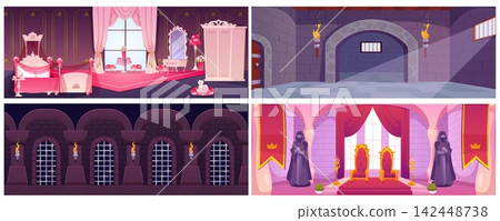 Medieval castle or palace interior locations vector flat illustrations set, princess room, kingdom hall throne, prison Medieval castle or palace interior locations vector flat illustrations set, princess room, kingdom hall throne, prison 142448738
