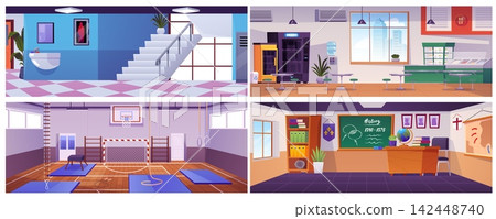 School interiors vector flat illustrations set, gym athletic sport court, college hall, campus corridor, classroom Cafe School interiors vector flat illustrations set, gym athletic sport court, college hall, campus corridor, classroom Cafe 142448740