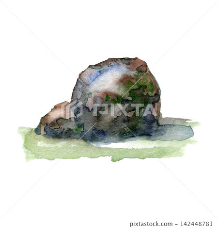 Watercolor mossy granite boulder resting on a green grassy patch 142448781
