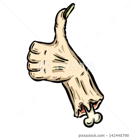 Vector illustration of a creepy severed cartoon zombie undead hand reaching up gesture 142448790