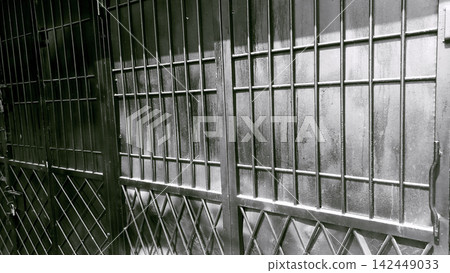 A black metal door and a sturdy security gate. A black metal door and a sturdy security gate. 142449033