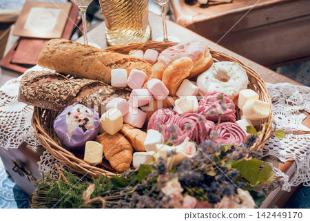 Closeup of picnic basket with drinks, food and flowers Closeup of picnic basket with drinks, food and flowers 142449170