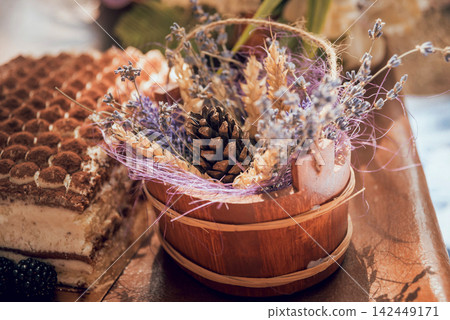 Closeup of picnic basket with drinks, food and flowers Closeup of picnic basket with drinks, food and flowers 142449171
