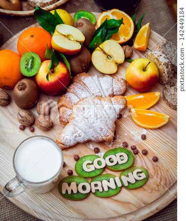 Beautiful breakfast. Milk, bread and croissant. Beautiful breakfast. Milk, bread and croissant. 142449184