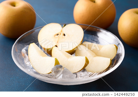 Pears served in a glass dish; Akizuki variety from Chiba Prefecture. Pears served in a glass dish; Akizuki variety from Chiba Prefecture. 142449250