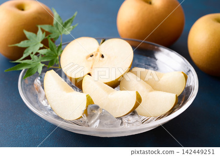 Pears served in a glass dish; Akizuki variety from Chiba Prefecture. Pears served in a glass dish; Akizuki variety from Chiba Prefecture. 142449251