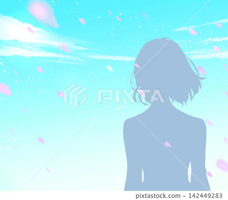 Female student, upper body silhouette, blue sky, cherry blossoms falling 142449283