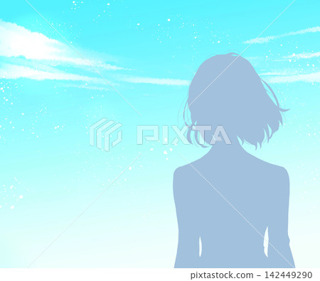 Female student, upper body silhouette, blue sky 142449290