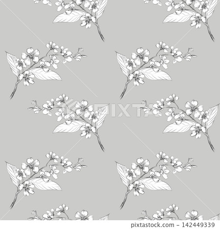 Seamless pattern of the bird cherry branches on the grey background. Handmade farm pencil illustrations. For design of cards, cover, prints, product labels and fabric. Seamless pattern of the bird cherry branches on the grey background. Handmade farm pencil illustrations. For design of cards, cover, prints, product labels and fabric. 142449339