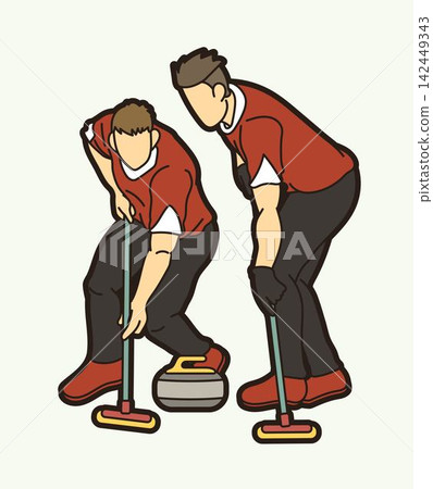 Curling Sport Team Group of Male Players Action Cartoon Graphic Vector 142449343