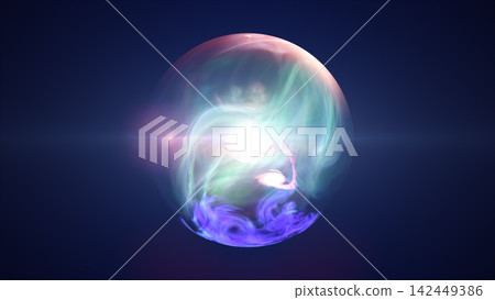 Translucent turquoise energy sphere filled with soft swirling plasma and a bright central light against a dark blue background. Translucent turquoise energy sphere filled with soft swirling plasma and a bright central light against a dark blue background. 142449386