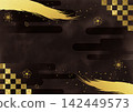 Gold leaf brush and Japanese pattern on a black background 142449573