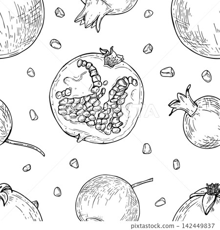 Whole pomegranates, cut halves, and scattered seeds seamless black ink vector pattern. Hand drawn fruit isolated sketch for monochrome wallpaper, textile printing, and healthy food packaging design Whole pomegranates, cut halves, and scattered seeds seamless black ink vector pattern. Hand drawn fruit isolated sketch for monochrome wallpaper, textile printing, and healthy food packaging design 142449837