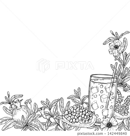 Pomegranate juice in glass with ice and straw surrounded by fruit, seeds, flowers and leaves. Hand drawn vector sketch illustration. Frame border design for menu, drink label, and summer concept. Pomegranate juice in glass with ice and straw surrounded by fruit, seeds, flowers and leaves. Hand drawn vector sketch illustration. Frame border design for menu, drink label, and summer concept. 142449840