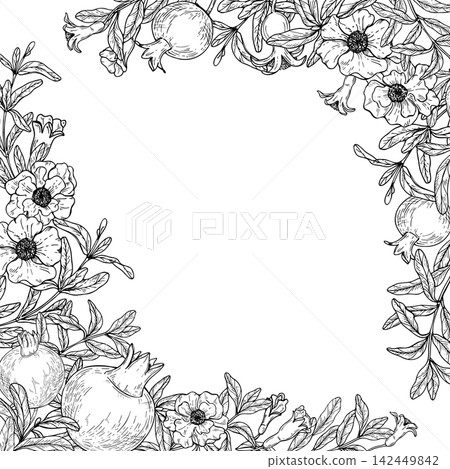 Hand drawn pomegranate flowers, fruits, leaves, and branches black ink vector frame with empty space. Blooming plant with ripe pods square border. Botanical monochrome template for invitations Hand drawn pomegranate flowers, fruits, leaves, and branches black ink vector frame with empty space. Blooming plant with ripe pods square border. Botanical monochrome template for invitations 142449842