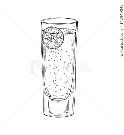 Tall glass with sparkling water and slice of lemon hand drawn black ink vector illustration. Refreshing summer soda drink with bubbles. Monochrome bar drink sketch for cocktail menu, beverage poster. Tall glass with sparkling water and slice of lemon hand drawn black ink vector illustration. Refreshing summer soda drink with bubbles. Monochrome bar drink sketch for cocktail menu, beverage poster. 142449845