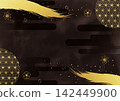 Gold leaf brush and Japanese pattern on a black background 142449900
