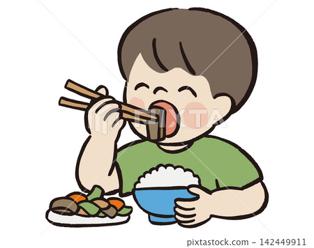 男孩用筷子吃飯的插畫 | 兒童、食物教育、用餐、日常生活 男孩用筷子吃飯的插畫 | 兒童、食物教育、用餐、日常生活 142449911