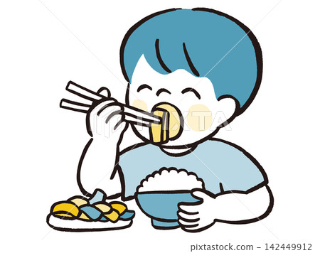 一個男孩用筷子吃米飯 | 兒童膳食、食品教育和日常生活的向量插圖。 142449912