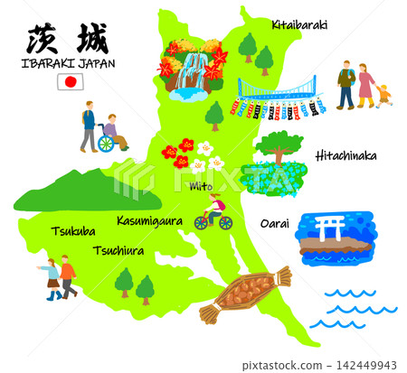 茨城縣旅遊景點手繪插圖地圖。 茨城縣旅遊景點手繪插圖地圖。 142449943