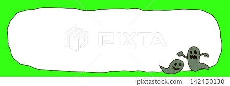 Hand-drawn Halloween ghost banner frame, horizontal format, vivid green background, with copy space. Hand-drawn Halloween ghost banner frame, horizontal format, vivid green background, with copy space. 142450130