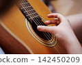 Close-up of hand playing guitar strings in a calm setting 142450209