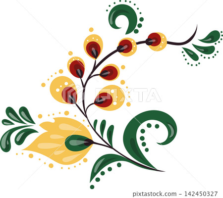 Traditional Russian floral ornament "Khokhloma" with a red flower and golden leaves. Traditional Russian floral ornament "Khokhloma" with a red flower and golden leaves. 142450327