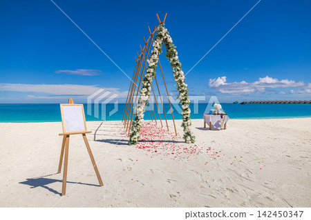 Elegant floral wedding easel sign petal pathway arch powdery shore vivid azure sea beach ceremony decor. Luxury destination wedding paradise scenic. Exotic honeymoon celebration decor Elegant floral wedding easel sign petal pathway arch powdery shore vivid azure sea beach ceremony decor. Luxury destination wedding paradise scenic. Exotic honeymoon celebration decor 142450347