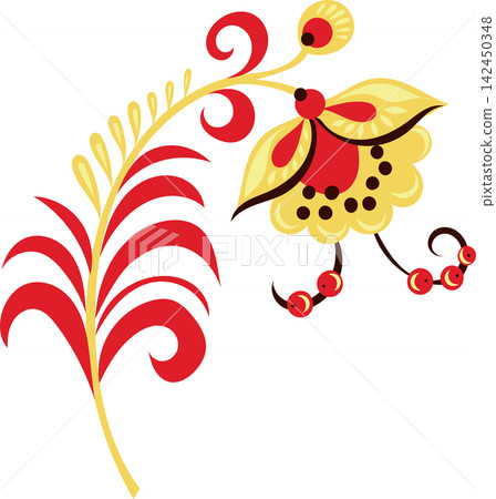Traditional Russian floral ornament "Khokhloma" with a red flower and golden leaves. Traditional Russian floral ornament "Khokhloma" with a red flower and golden leaves. 142450348