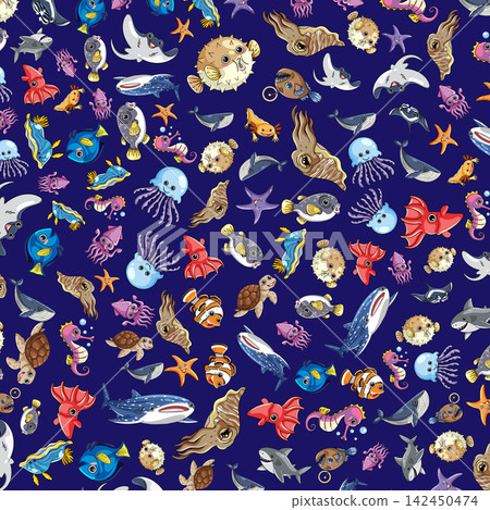 Seamless Pattern of Cartoon Ocean Animals and Sea Creatures Seamless Pattern of Cartoon Ocean Animals and Sea Creatures 142450474