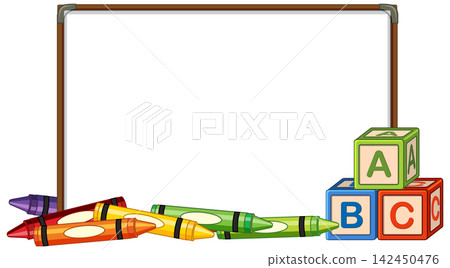 Blank Whiteboard Frame with Colorful Crayons and Alphabet Blocks Blank Whiteboard Frame with Colorful Crayons and Alphabet Blocks 142450476