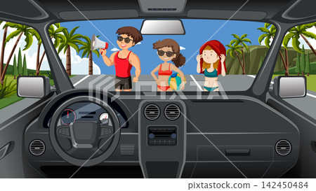 Vector Illustration of Friends in Swimwear Seen Through Car Dashboard 142450484